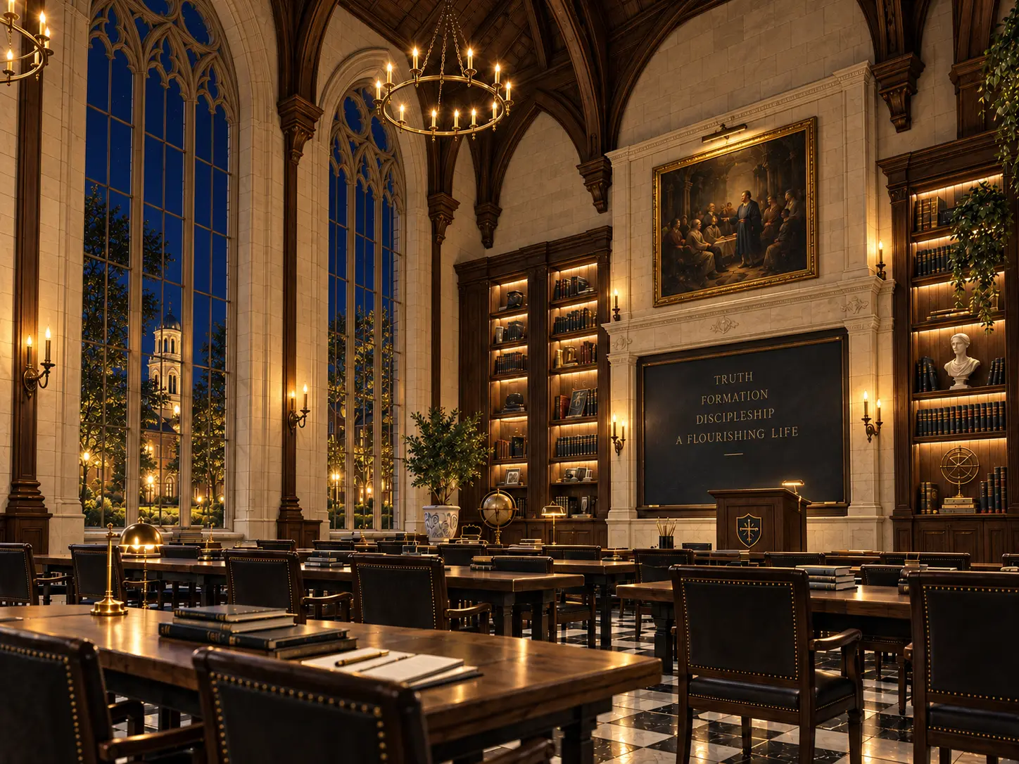 Academic study hall at The Master's Academy at night, with candlelit chandeliers, arched windows and dark wood furnishings.