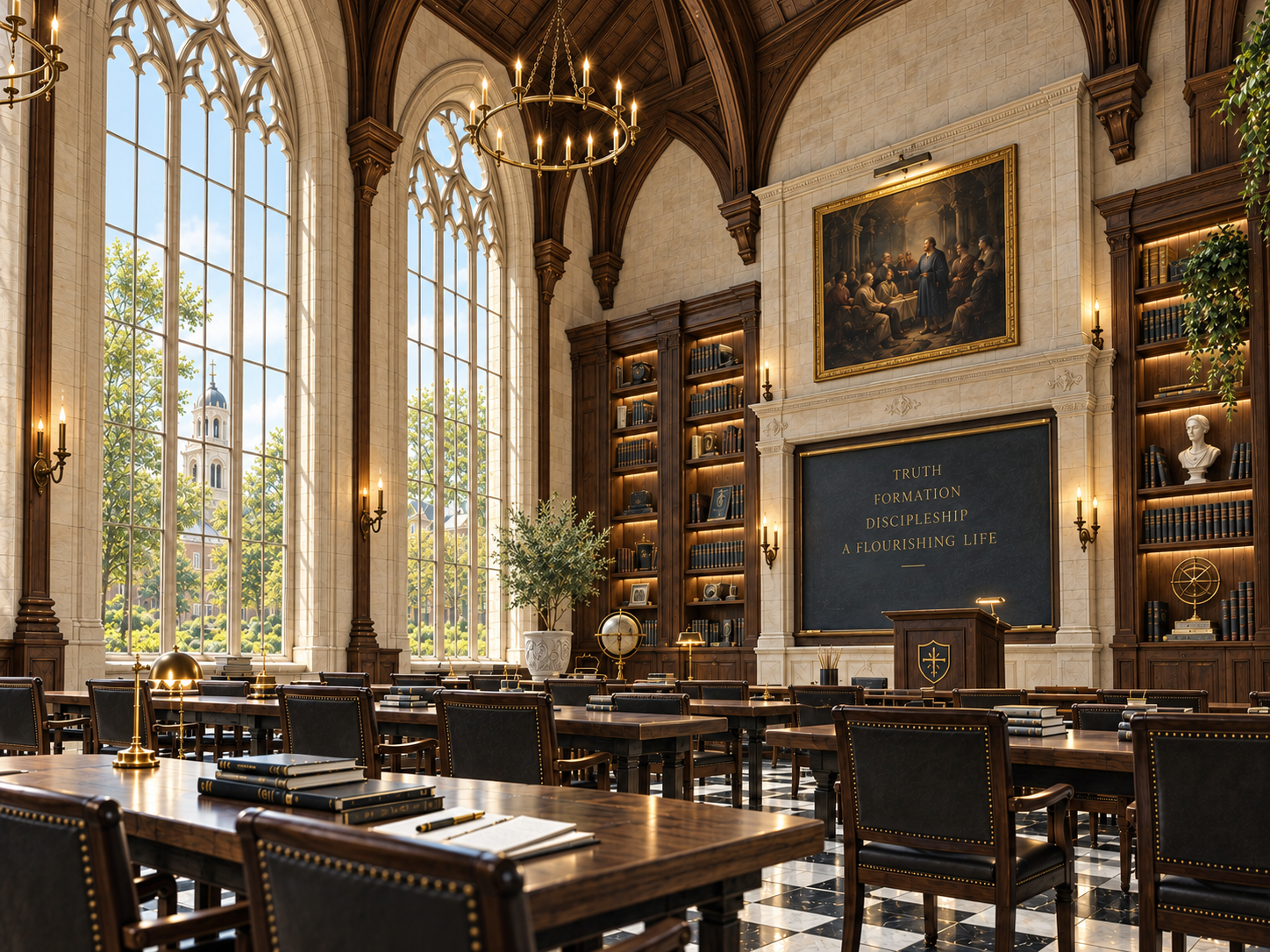 Academic study hall at The Master's Academy with arched windows, limestone walls, dark wood furnishings and marble flooring in daylight.