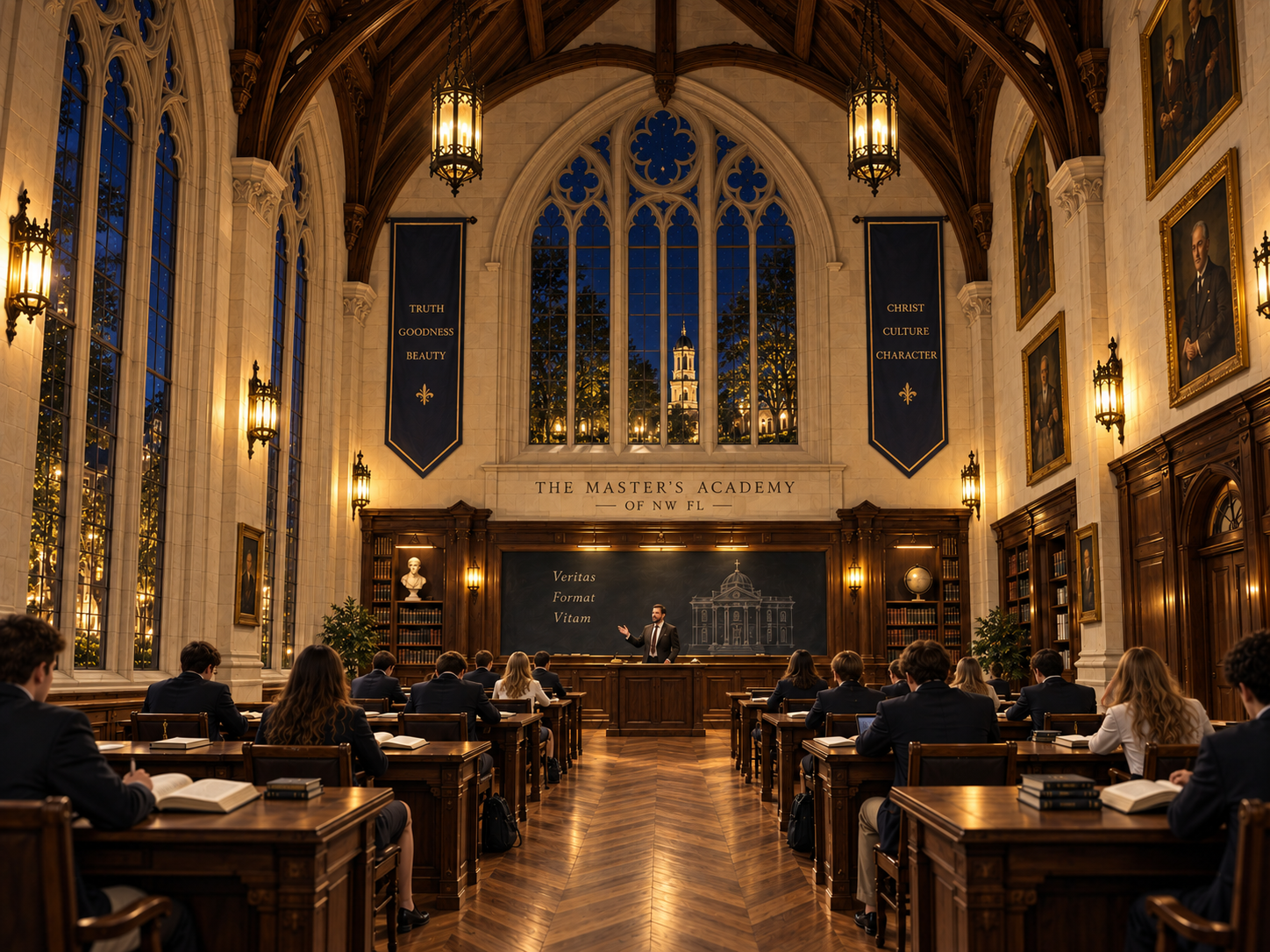 Traditional classroom at The Master's Academy in the evening, with vaulted timber ceiling and warm lantern light.