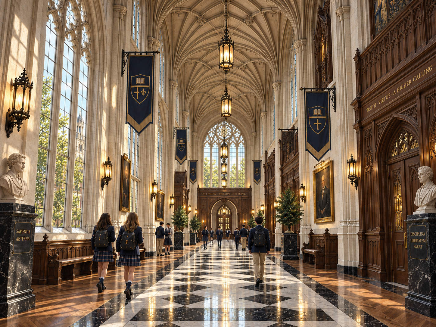 Grand limestone academic corridor at The Master's Academy with vaulted ceilings, arched windows, marble flooring and parquet borders in daylight.