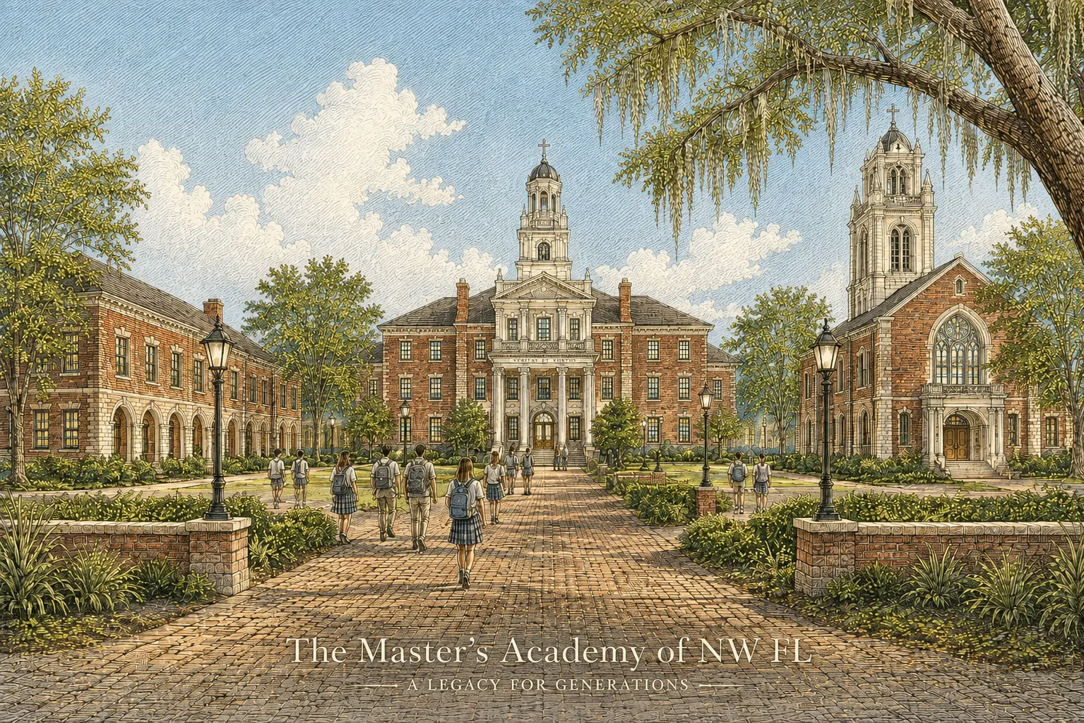 Illustrated concept of The Master's Academy of NW FL campus with chapel, bell tower and students on the main walk