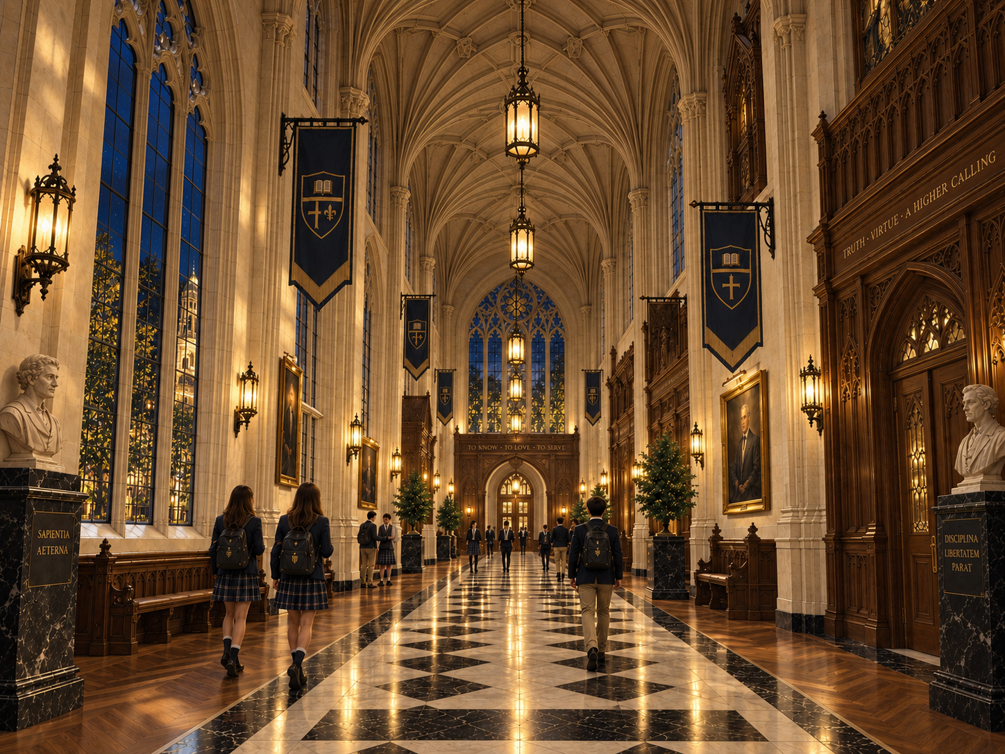 Grand limestone academic corridor at The Master's Academy at night, lit by lanterns beneath vaulted ceilings and arched windows.