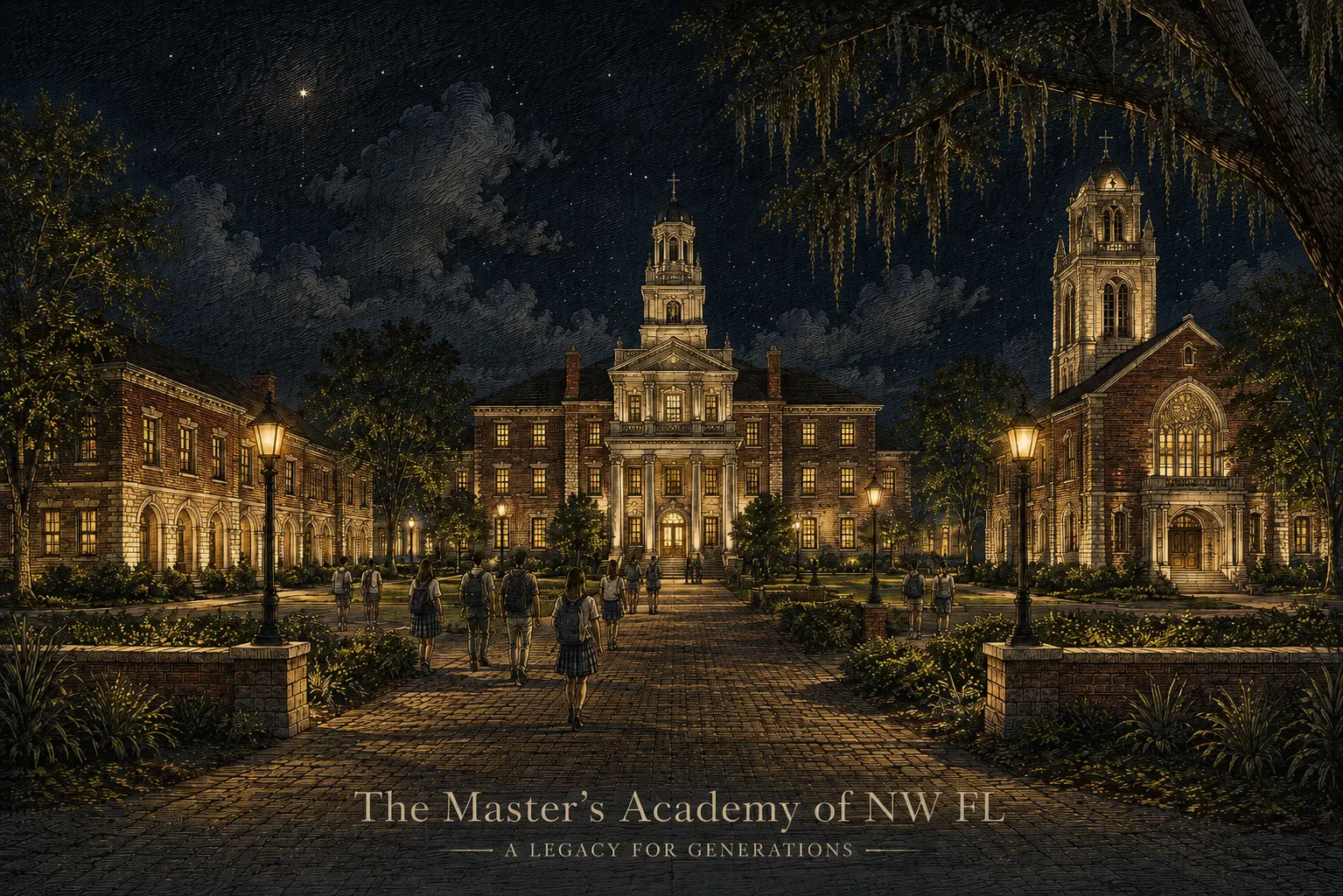 Illustrated concept of The Master's Academy of NW FL campus with chapel, bell tower and students on the main walk