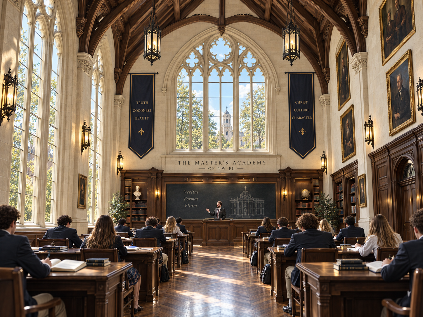 Traditional classroom at The Master's Academy with vaulted timber ceiling, limestone walls and parquet flooring in daylight.
